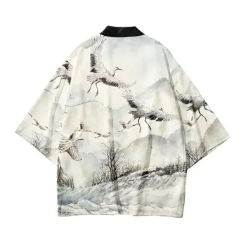 14 Stiliaus Krano Spausdinti Kimono Vyrai Moterys Harajuku Japonų Stiliaus Tradicinis Megztinis Yukata Streetwear Haori Obi Negabaritinių 4XL