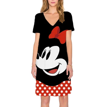 2022 Disney Mickey Mouse spausdinti Linijos Mini Vasaros Suknelės Moterims, V Kaklo Atsitiktinis Paplūdimio Sundress Seksualus Boho Suknelė-Moteriška