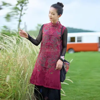 2023 naujas moterų kinijos etninės stiliaus stovėti apykaklės gėlių siuvinėjimas ilgas berankovis striukė viršuje cheongsam mygtuką palaidinė s834