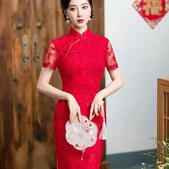 2023 Naujas Raudonų Nėrinių Dalyvavimas Qipao Vidutinio ilgio Kinų Stiliaus Cheongsam Vestuvių Skrudinta duona Drabužių Kinijos Tradicinės Cheongsam