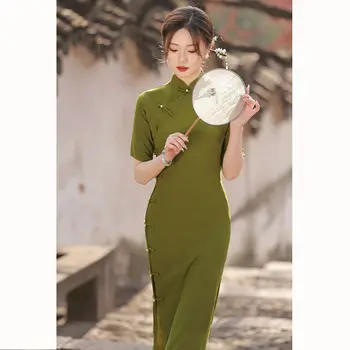 2023 Naujų Ekologiškų Derliaus Cheongsam Pavasario Vasaros Pagerinti Moterų Suknelė Trumpomis Rankovėmis Kinų Stiliaus Elegantiškas Ilgas Qipao