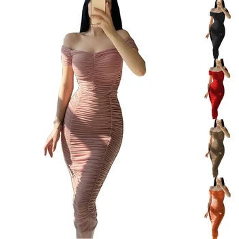 2023 Vasarą nauju Moterų vientisos Spalvos Ilgas Sijonas Temperamentas Elegantiška Suknelė, Vieną petį Plisuotos Suknelė