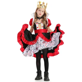 2024 Alice In Wonderland Persikas Širdies Karalienė Pokerio Atspausdinta Suknelės Pokerio Karalienė Cosplay Kostiumas Vaikams Mergaitėms Karnavalas Šalis Suknelė