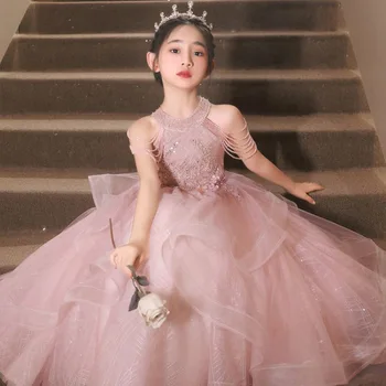 2024 m. Gėlių Suknelė Mergaitėms Prabangus Šventinės Suknelės Vaikams, Vaikų Drabužiai, Blizgančiais Rožinė Suknelė Paauglių Ilgai Drabužiai Vestido