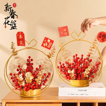 2024 M. Kinų Naujieji Metai Dekoro Raudona Minkštimo Likimo Vaisių Apskrito Geležies Gėlių Krepšelis Dirbtinis Pasisekė Gėlių Vaza Naujųjų Metų Namų Dekoro
