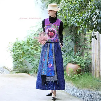 2024 m. traditonal etninės harajuku gėlių siuvinėjimas sijonas kinijos nacionalinis moteris-line sijonas derliaus moterų medvilnės, lino sijonas