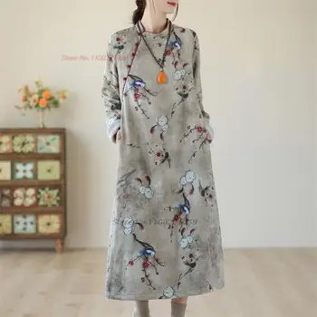 2024 tradicinės kinų vintage suknelė qipao nacionalinės gėlių spausdinti suknelė cheongsam rytų qipao rytų vilnos pamušalu suknelė
