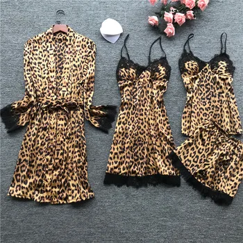 4PCS Moterų Pižama Tinka Leopard Pižamos 2020 Satino Seksualus Pijamas V-kaklo Atsitiktinis Nėrinių Apdaila Pyjama Purus, Šilkinis Namų Drabužių Rinkiniai