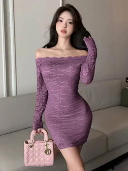 Akių Saldus Mini Suknelė Seksualus Aštrus Mergina Vieną Petį Nėrinių Vien Suknelė Elegantiškas Office Lady Korėjos Rudens Viršūnės
