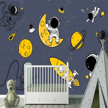 Animacinių filmų Visatos Sienos Popieriaus Golden Moon Raketų Planeta Tapetai Astronautas Pasivaikščioti Kosmoso Freskos Vaikams Kambarys, Vaikų Kambarys