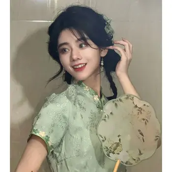 Aukštos klasės Žalia Cheongsam Vasarą Mergina Dress Kinija 2023 Tradicinių Kasdien Temperamentas Moterų Ilga Suknelė Drabužių