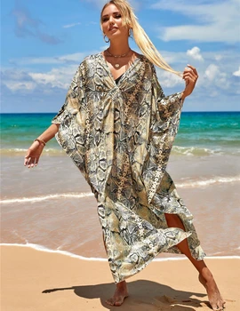 AYUALIN Atsitiktinis Viskozė Sexy V Kaklo Chalatas, Paplūdimio Cover-up Vasaros Bikini Padengti Iki Moterų 2022 Derliaus Spausdinimo Boho Suknelė Kimono