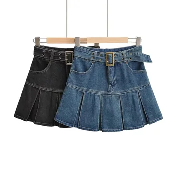 Aštrus Mergina-line diržas, džinsai plisuotos Y2k sijonas trumpas slidinėti sijonas