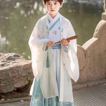Balta Hanfu Kinijos tradicinės plonas Tang aprangos berniukas ilgos rankovės plačios rankovės grindų klasikinių šokių suknelė veiklos
