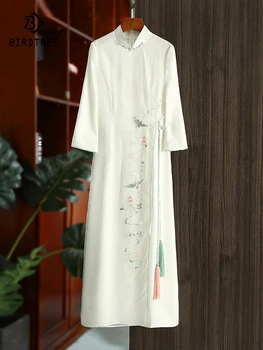 Birdtree 100%Mulberry Šilkas Kinų Stiliaus Kilnus Suknelė Moterims, Elegantiškas Retro Kutas Akių Sujungimas Slim Cheongsam Pavasarį Naują D41323QC