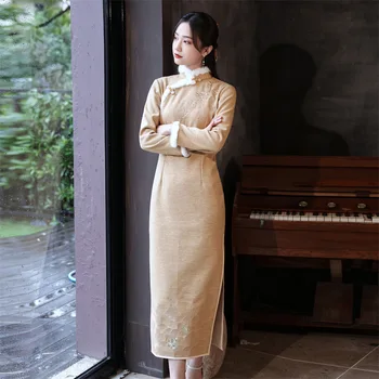 Cheongsam žiemos ilgos išsiuvinėti storas vilnonis suknelė retro patobulinta senoji Šanchajaus mergina jaunų stilius