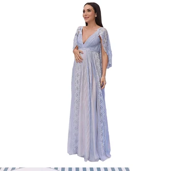 dangus mėlynas Prabanga aplikacijos Moterų Sleepwear Chalatas V-kaklo pilno ilgio Suknelė su puse rankovėmis elegancija pregnent moteris pajama