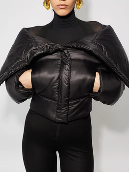 Didelis atvartas, juoda žemyn medvilnės striukė temperamentas elegantiškas trumpas stebėjimo dizaino purus šiltas Moterų žiemos striukė 2023 naujas
