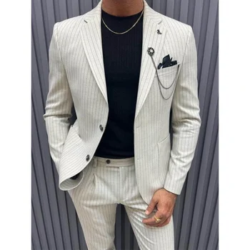 Dramblio Kaulo Dryžuotas Vyrų Kostiumai 2 Vienetų Komplektas (Švarkas+Kelnės) Pinstripe Slim Fit Atsitiktinis Šalies Prom Vestuvių Tuxedos Blazers 