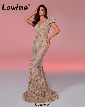 Elegantiškas Arabų Vakarines Sukneles Šampano Vieną Petį Undinė Ilgai Vestuvės Dress Pakopų Kristalai Įžymybė Promenadzie Suknelė 2024