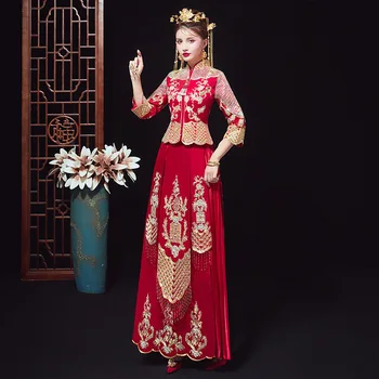 Elegantiškas Bride Derliaus Mandarinų Apykaklės Qipao Kinijos Tradicinių Vestuvių Suknelė Ilga Raudona Siuvinėjimo Cheongsam китайская одежда