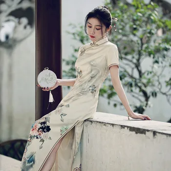 Elegantiškas Ilgas Qiapo Moterų Viskozė Tradicinių Cheongsam Derliaus Mandarinų Apykaklės, Kinijos Suknelės Mergina Spausdinti Gėlių Vestidos