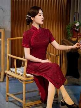 Elegantiškas Vasarą Šilko Raudona Cheongsam Veiklos Podiumo Šou Pokylių Qipao Tradicinės Kinų Apranga Vakaro Suknelė Moterims