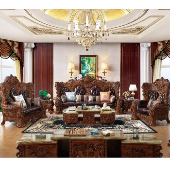 Europos stiliaus natūralios odos masyvo, medžio drožyba didelė svetainė villa sofa nustatyti, prabangūs baldai