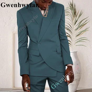 Gwenhwyfar Povas Žalia Vyrų Sportiniai Švarkai (Bleizeriai), 2 Vnt. Nustato Oficialius Kostiumus Visą Verslo Korėjos 2023 Kelnes Blue Coat Vestuvių Elegantiškas Švarkas