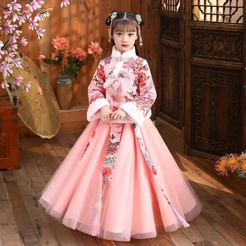 Hanfu Merginos Kostiumas Cheongsam Kinijos Naujųjų Metų Pavasario Šventė Žiemos Drabužių Sustorėjimas, Chalatas, Šiltas Veiklos Gėlių Vaikas Suknelės