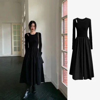 Hepburn Stiliaus Tuščiaviduriai Megztinius ilgomis rankovėmis Suknelė Moterims Pavasario ir Rudens Naujo Dizaino Nišą Temperamentas Slim ir Plonas Ilgas Dres