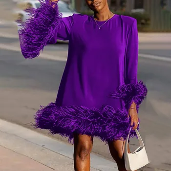 Ilgomis Rankovėmis Suknelė Furry Mini Sijonas Prarasti Vientisos Spalvos Apvalios Kaklo Suknelė 