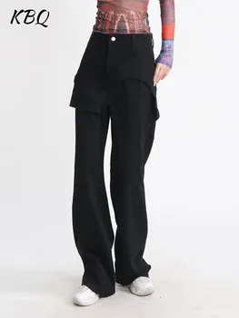KBQ Streetwear Kratinys Kišenės Džinsinio audinio Kelnės Moterims Aukšto Juosmens Spliced Mygtuką Prarasti Tvirtą Nereguliarus Tiesios Kelnės Moteriška