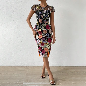 Kelio Ilgis 3D Išsiuvinėti Gėlių Bodycon Homecoming Suknelė Užsakymą trumpomis Rankovėmis, Plyšine Hem Spalvinga Garsenybių Vakarą Dresse