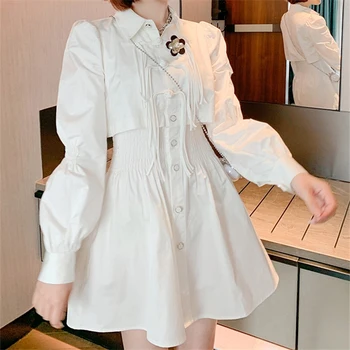 Kietas Šilko, Medvilnės Trumpos Suknelės Kinijos Derliaus Aukšto Juosmens Rudenį Elegantiškas Suknelės Plius Dydžio Kieta Spalva Balta Ilgomis Rankovėmis Suknelės