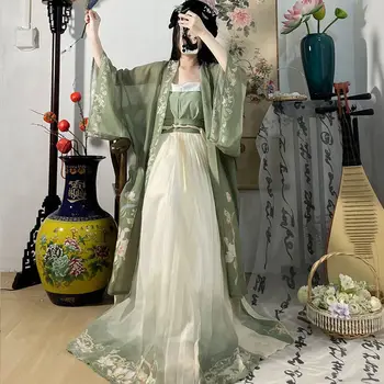 Kinijos Hanfu Suknelė 3PCS Nustatyti Arbata Žalia Teka Maxi Suknelė Kinijos Senovės Moterų Siuvinėjimo Suknelė, Kostiumas Skirtas Fotografavimui Baigimo