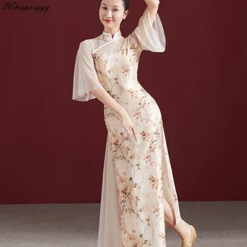 Kinijos Nacionalinis Klasikinio Stiliaus Šokis Šokių Elastinga Cheongsam Moterų Plonas Elegantiškas Gėlių Qipao Vintage Mados Suknelė Moteris