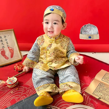 Kinijos Tradicinių Drabužių Dragon Siuvinėjimas Šilku Hanfu Tango Kostiumas Kūdikių Berniukų Viršūnes Kelnes, Skrybėlę Nustatyti Kūdikių Naujagimių Gimimo Komplektai