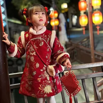 Kinų Naujųjų Metų mergaitė Hanfu žiemos stilius plius kašmyras sustorėjimas Kinų naujieji Metai suknelė vaikų cheongsam suknelė