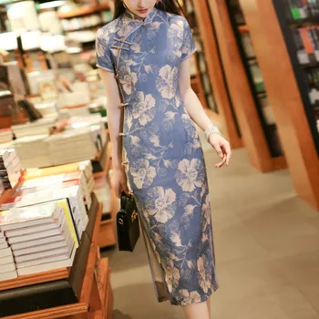 Kinų Stiliaus Tradicinių Qipao Suknelė Ponios Derliaus Elegantiškas Gėlių Spausdinti Cheongsams Suknelės, Elegantiškos Moterys Negabaritinių Šalis Suknelė