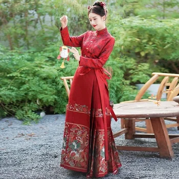 Kinų Stiliaus Švenčių Moterų Hanfu Siuvinėjimo Arklys-Veido Sijonas Ilgomis Rankovėmis Stovėti Apykaklės, Raudona Marškinėliai Cosplay