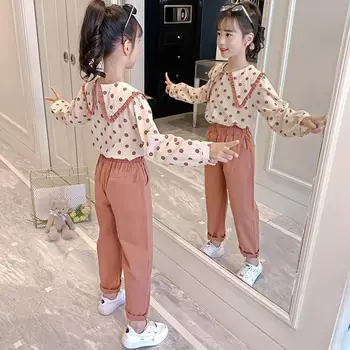 Korėjos Pavasario Vaikus Mergina 2vnt Kostiumas Paauglys Mergaitę Polka Dot Long Sleeve T-shirt+Tiesios Kelnės Rinkiniai Mergaitėms, 2-Piece