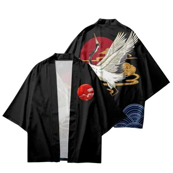 Krano Spausdinti Vasarą Pora Moterų, Vyrų Japonijos Cardigan Tradicinių Atsitiktinis Palaidų Plonas Kimono Azijos Drabužių Harajuku