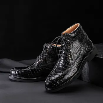 Krokodilo odos vyriški batai batai Britų stiliaus vidurio vamzdis krokodilas pilvo batai vyriški odiniai batai, vyriški batai
