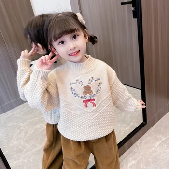 Kūdikių Mergaičių Megztiniai Rudens Žiemos Korėjos Stiliaus Vaikams Išsiuvinėti Megzti Megztinis Animacinių Filmų Lokys Patogus Minkštas Vaikams Drabužių