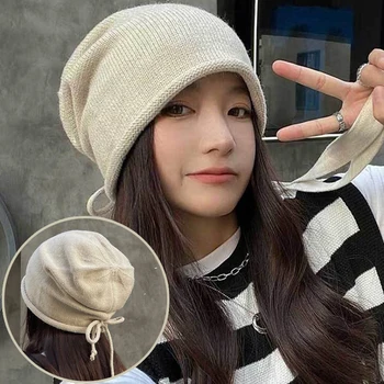 Lauko Minkštas Baggy Beanie Skrybėlių Moterų Korėja Megzti Kaukolė Kepurės Reguliuojamas Raišteliu Kpop Slouchy Streetwear Galvos Dangtis