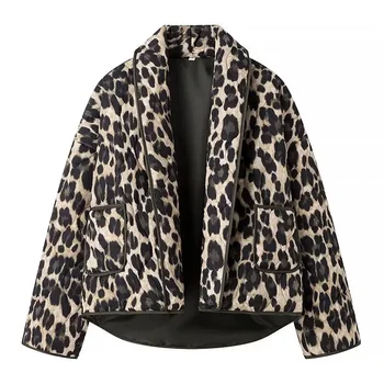 Leopardas Spausdinti Medvilnės Paltai Moterims Prarasti Atvartas Kratinys Kišenės Moterų Stora Šilta Striukė 2024 M. Žiemos Naujas Mados Lady Outwear