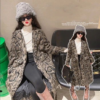 Merginos Vilnonių Kailio Paltas Striukė Tvora 2023 Leopard Šiltas Tirštėti Žiemos Medvilnės Paauglių Outwear Vaikų Drabužiai