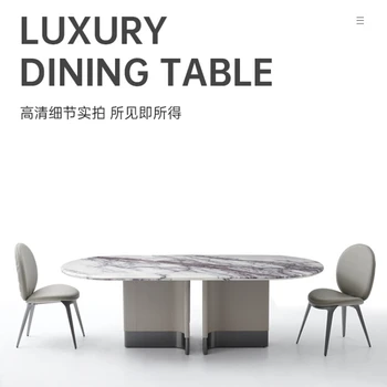 Minimalistinio Xiangxuemei natūralaus akmens valgomasis stalas prabanga vila prabanga didelio plokščio ovalo formos vyresnysis valgomasis stalas derinys