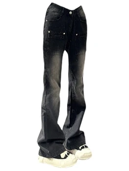 Moterų Goth Harajuku Mados Žemas Augimas Flare Džinsai, Juodos Džinsinio audinio Kelnės Bell Bottom Y2k Streetwear Ilgos Kelnės Banga 2000-ųjų Mada